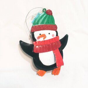 Pinguin with hat scarf Metal Christmas Ornament 5" Holiday St. Nicholas Glitter